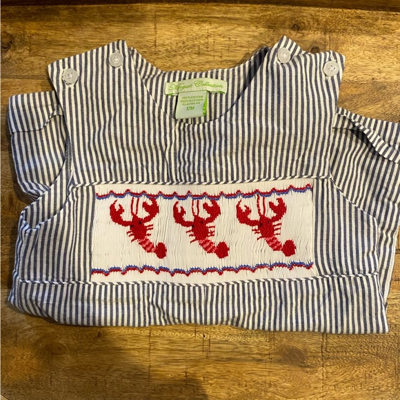 Baby boy 12 month shorts romper. Cute crab print. Blue and white striped. - Picture 4 of 5